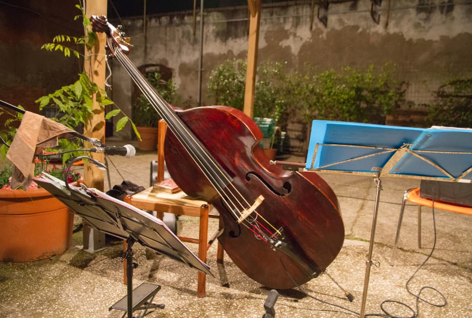 Photo of cello at an outdoor performance space