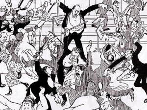  The Uproar at the Concert. This caricature from Die Zeit gives a flavor of the action Note Schoenberg in the middle, conducting as everything goes to pieces around him.