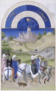 Tres Riches Heures du Jean Duc du Berry. August. Hunting, Swimming, and Harvesting