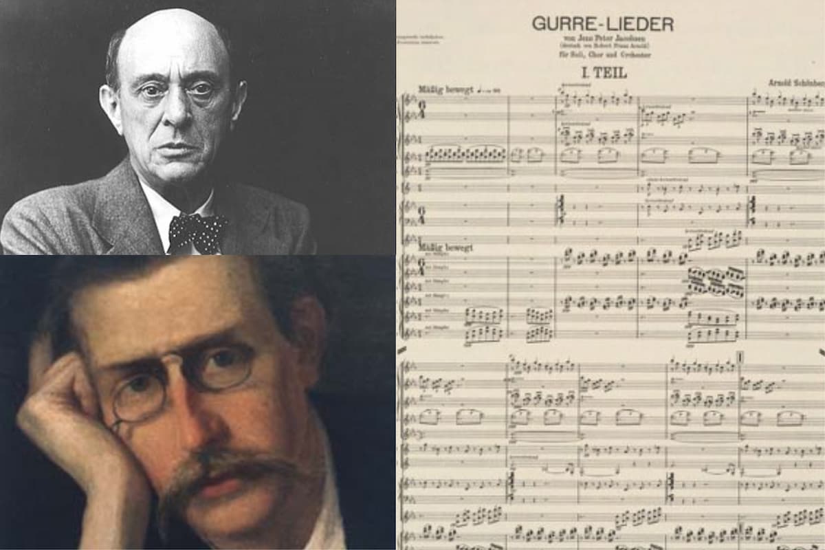 collage of composer Arnold Schoenberg, Danish poet Jens Peter Jacobsen and the score of Gurrelieder 