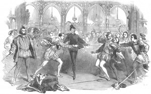 Faust duels with Count Hugo as Mephisto looks on in an 1852 production at the Royal Italian Opera in London. 