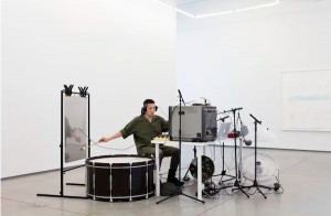 Samson Young performing Pastoral Music at Team Gallery, New York in 2015. Image courtesy of Team Gallery. 