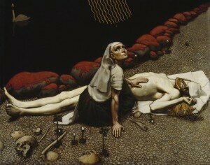  Akseli Gallen-Kallela (1897) Lemminkäisen äiti (Lemminkäinen's Mother), showing the mother with her slain son, with the Swan on the black river.