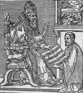 Woodcut of Palestrina presenting his first book of masses to Pope Julius III