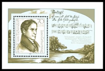 Stamps of Germany: Joseph von Eichendorff with Schumann's music autograph 