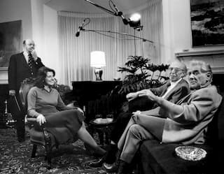 Vivian Perlis, the founder of Yale University’s Oral History of American Music, facing Leonard Bernstein (far right) and Aaron Copland