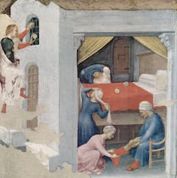 Gentile da Fabriano: St. Nicholas pays the dowry for the three virgins (c. 1425) (Pinacoteca Vaticana, Rome)