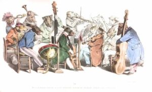 J.J. Grandville: Nouveau langage musical, a société d’amateurs exécutant une symphonie, dans un cercle philharmonique