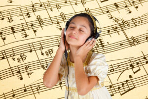 Young girl in ancient dress while listening music with headphone