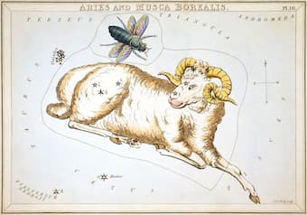 "Aries and Musca Borealis", plate 16 in Urania's Mirror, a set of celestial cards accompanied by A familiar treatise on astronomy ... by Jehoshaphat Aspin.