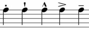 Example of articulation marks. From left to right: staccato, staccatissimo, marcato, accent, and tenuto.