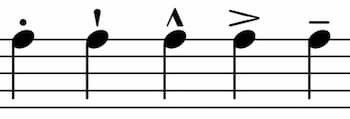 Example of articulation marks. From left to right: staccato, staccatissimo, marcato, accent, and tenuto.