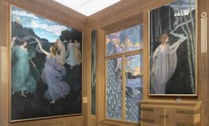 Room corner with Movements 1 and 2 and a reproduction of the destroyed stained glass window (Leopold Museum) (2021)