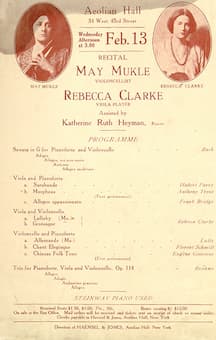 Rebecca Clarke and May Mulke performance program at the Aeolian Hall, 13 Feb, 1918