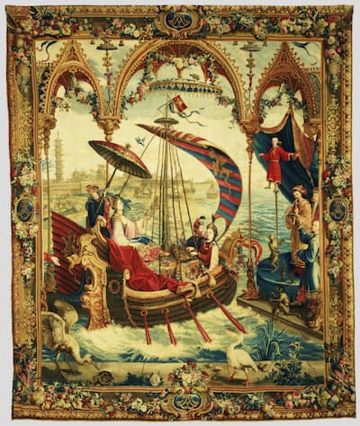 Tapestry: L'Embarquement de l'impératrice, from L'Histoire de l'empereur de la Chine Series, design about 1690; weave about 1697–1705 (J. Paul Getty Museum)