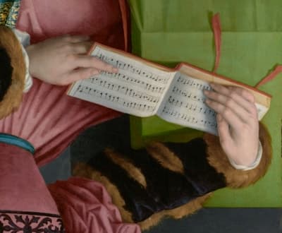 Bachiacca: Portrait of a Woman with a Book of Music, detail of music, flipped,  ca. 1540-1545  (J. Paul Getty Museum)