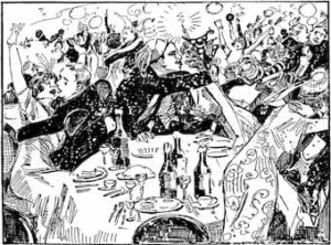 Fanciful sketch by Marguerite Martyn of a New Year's Eve celebration, 1914