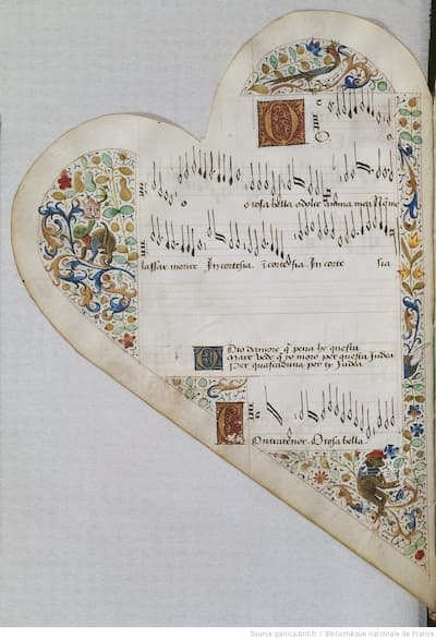 Detail of Chansonnier Cordiforme, with Bedyham’s O rosa bella (Bibliothèque nationale de France)