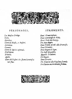Lists of character and instruments for Monteverdi's L'Orfeo
