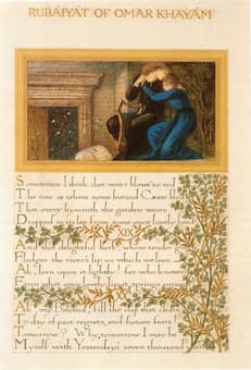 Calligraphic manuscript page with three of FitzGerald's Rubaiyat. Calligraphy by William Morris, illustration by Edward Burne-Jones (1870s).