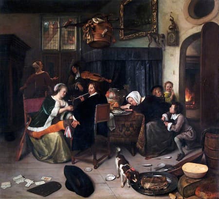 Chaotic musical instruments images in Jan Steen paintings