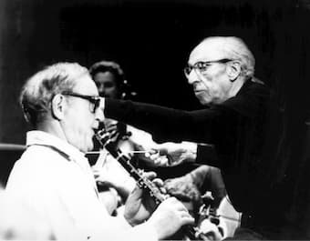 Aaron Copland conducting the Los Angeles Philharmonic, with Benny Goodman (by David Weiss)
