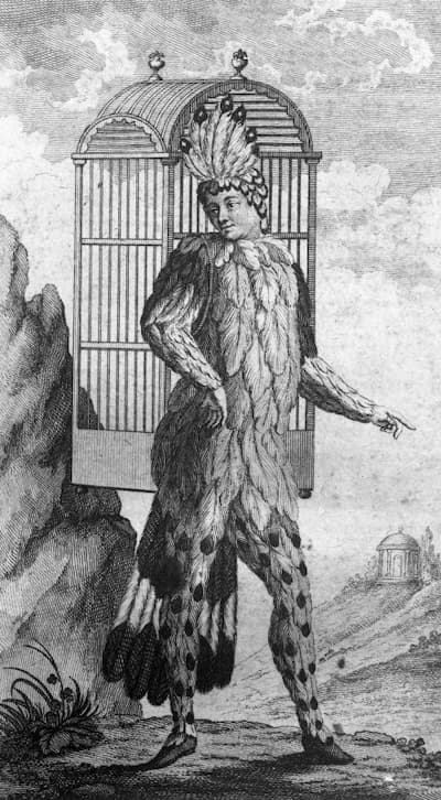 Emanuel Schikaneder, librettist of Die Zauberflöte, shown performing in the role of Papageno as shown in the first edition of the libretto