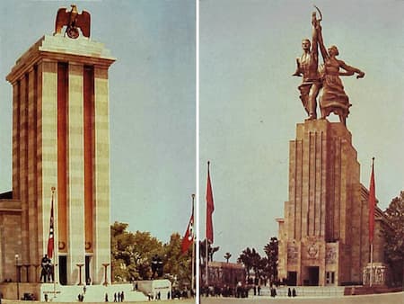 Germany’s building, architect: Albert Speer (left), The Soviet Union’s building, architect: Boris Iofan, sculpture by Vera Mukhina (right)
