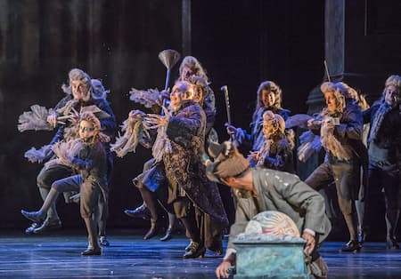 Papageno and his bells enchanting Monostatos, 2019 (Photo by Tristam Kenton) (Royal Opera House)