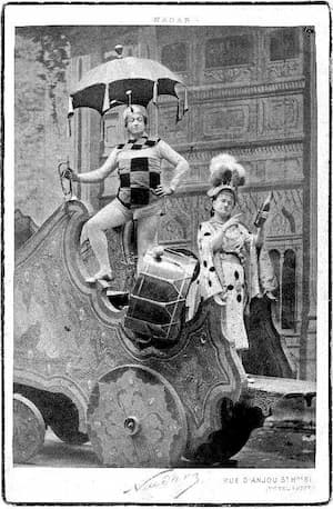 Christian (V’lan) and Zulma Bouffar (Prince Caprice) in Le voyage dans la Lune, in the charlatans scene, 1875 (Photo by Nadar)