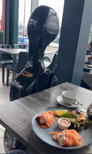 Cello in front of the dining table