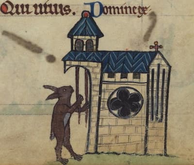 Kyward the Hare tolling church bells, detail from fol. 81r.