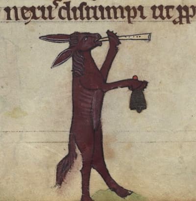 Baldwin the Ass playing a pipe and bell, detail from fol. 75r