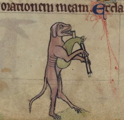 Dog playing bagpipes, detail from fol. 75v
