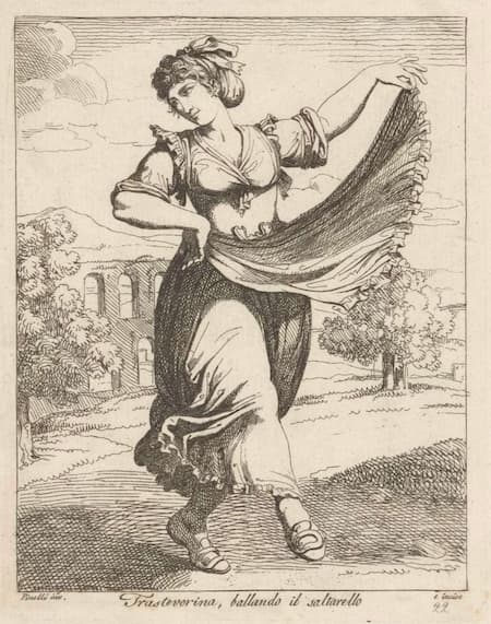Pinello: Woman from Trastevere, Rome, dancing the saltarello, ca 1810-1819 (NYPL)