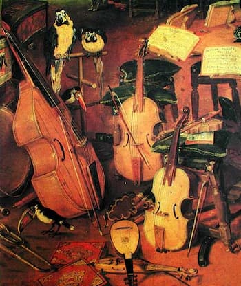 Musical instruments and two parrots