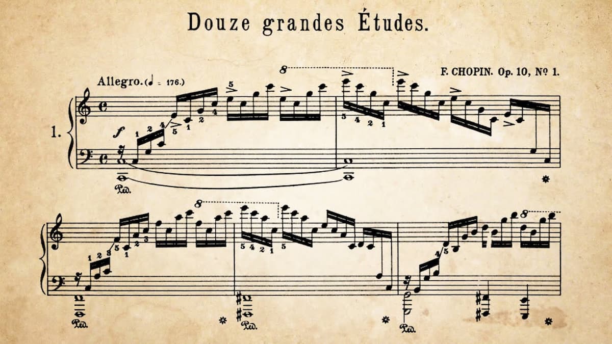 Music score showing the opening of Chopin's Etude Op. 10 No. 1 "Waterfall"