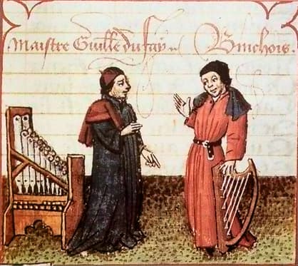 Martin le Franc: Champion des Dames, 1440, fol. 98r, miniature showing Du Fay (left) with a portative organ and Gilles Binchois (right) with a harp