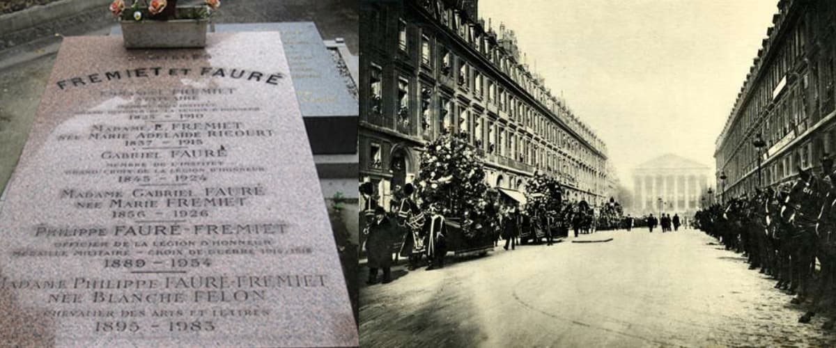Photo of Gabriel Fauré's grave in Passy Cemetery, Paris and photo of his funeral in 1924