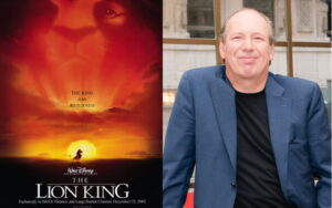 Composer Hans Zimmer and movie poster of The Lion King