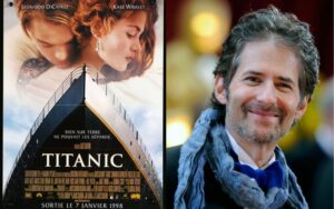 Composer James Horner and movie poster of Titanic