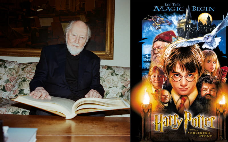 Composer John Williams and movie poster of Harry Potter and the Sorcerer's Stone