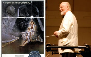Composer John Willams and movie poster of Star Wars