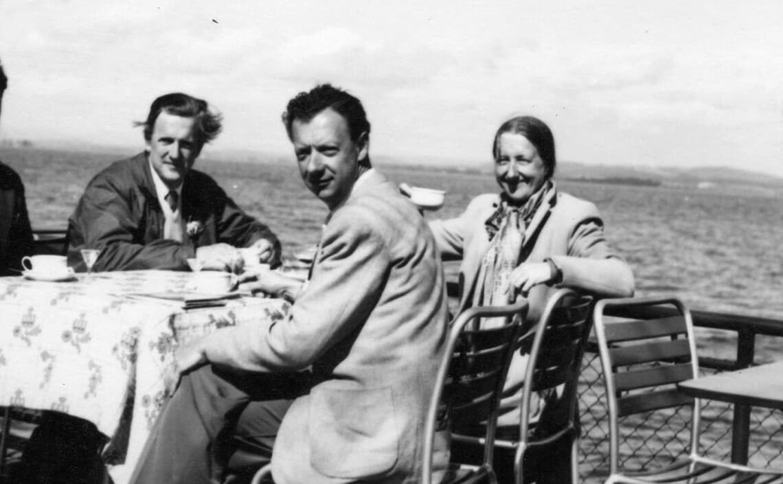 Composer Benjamin Britten, tenor Peter Pears and composer Imogen Holst enjoying coffee