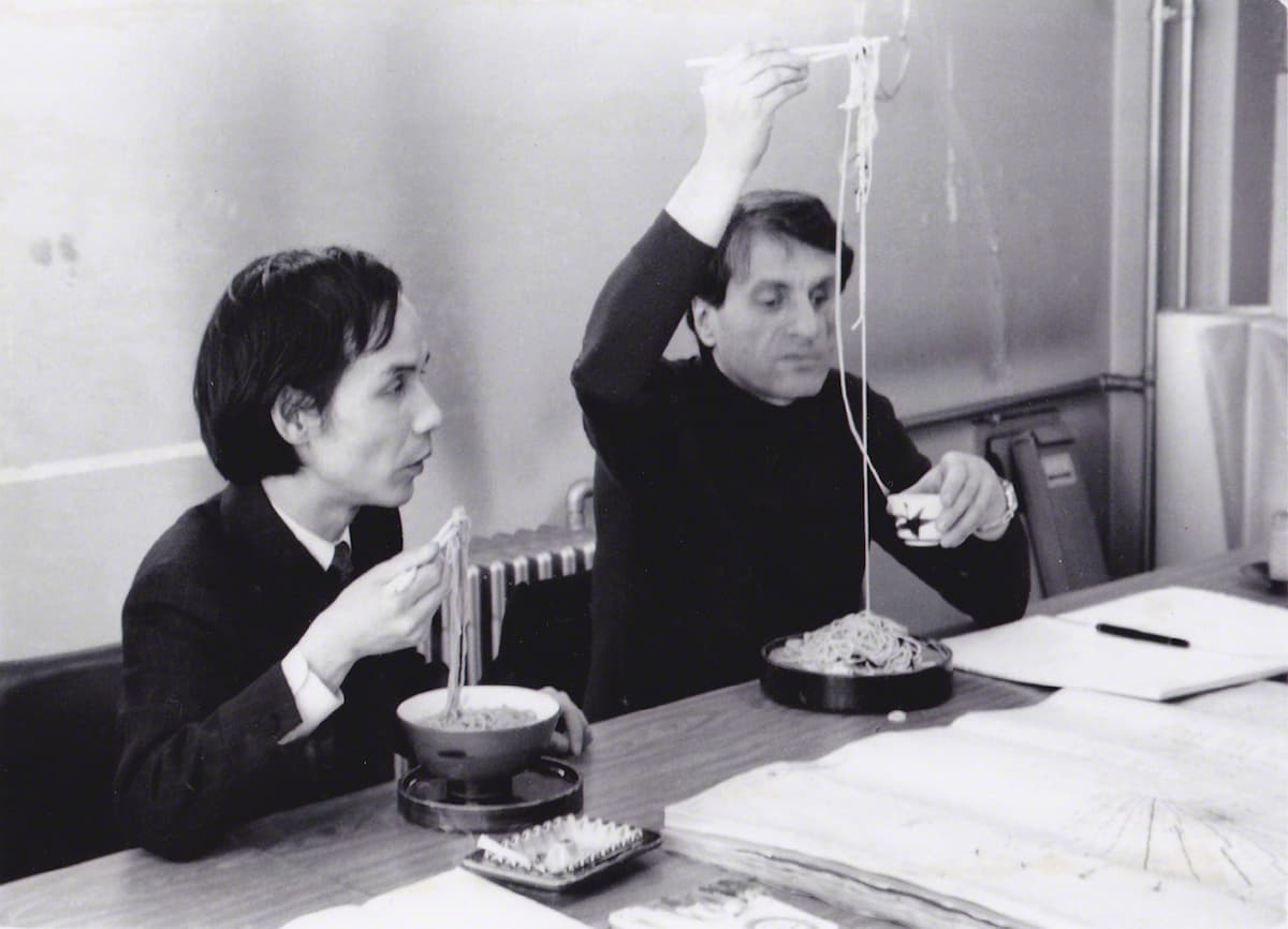 Composers Tōru Takemitsu and Iannis Xenakis eating soba noodles