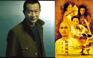 Composer Tan Dun and movie poster of Crouching Tiger, Hidden Dragon
