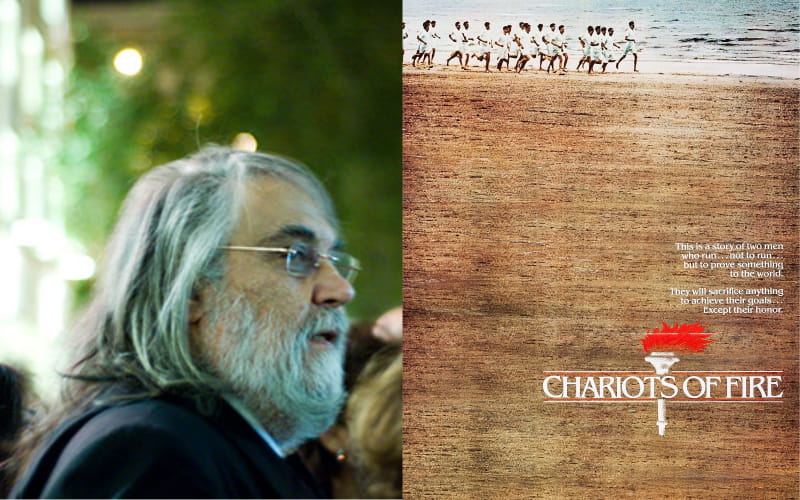 Composer Vangelis and movie poster of Chariots of Fire