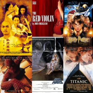 Movies with great music collage: Spiderman, The Red Violin, Star Wars, Crouching Tiger Hidden Dragon, Harry Potter and Titanic