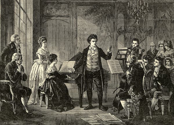 Painting of Ludwig van Beethoven conducting a chamber music performance, circa 1810.