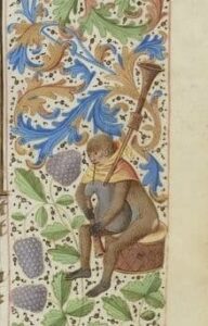 Monkey and bagpipes (Chroniques sire Jehan Froissart (Bibliothèque national), Français 2643 f. 406r)
